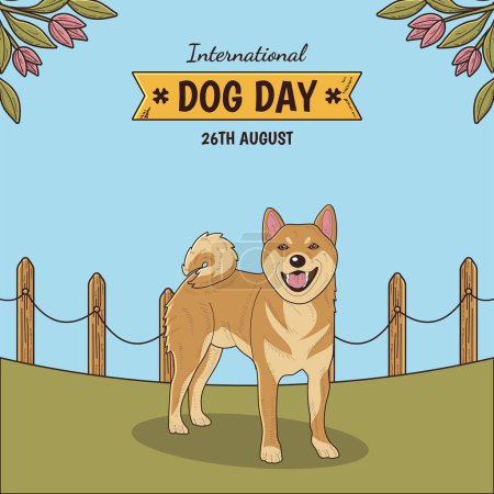 Illustration for Happy International Dog Day, 26th August. Greeting card vector design. Cute Shiba Inu, Jack Russell or beagle dog in vintage cartoon style. Vector illustration. - Royalty Free Image