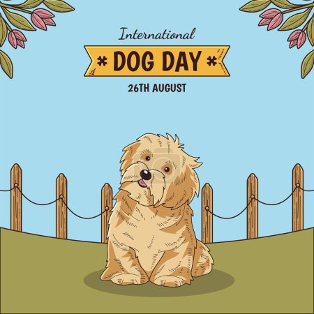 Illustration for Happy International Dog Day, 26th August. Greeting card vector design. Cute Yorkshire, Maltese or Australian Silky terrier dog in vintage cartoon style. Vector illustration. - Royalty Free Image