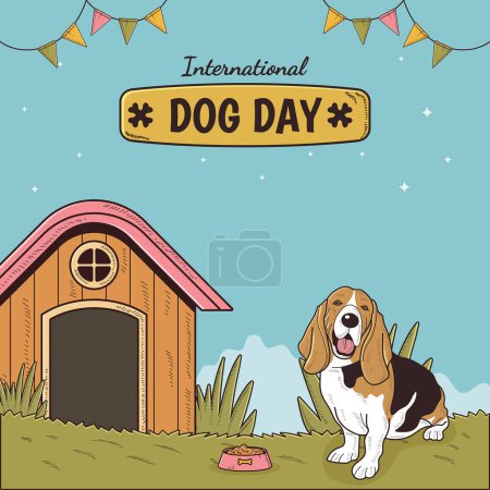 Illustration for Happy International Dog Day, 26th August. Greeting card vector design. Cute Basset Hound dog in vintage cartoon style. Vector illustration. - Royalty Free Image