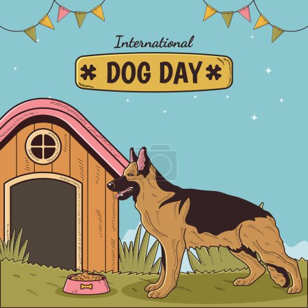 Illustration for Happy International Dog Day, 26th August. Greeting card vector design. Cute German Shephard and Alsatian dog in vintage cartoon style. Vector illustration. - Royalty Free Image