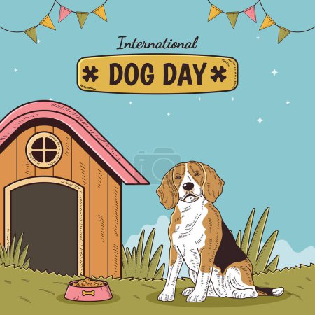 Illustration for Happy International Dog Day, 26th August. Greeting card vector design. Cute beagle or Jack Russell dog in vintage cartoon style. Vector illustration. - Royalty Free Image