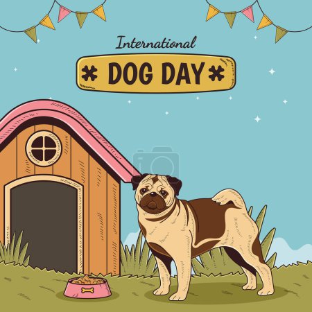 Illustration for Happy International Dog Day, 26th August. Greeting card vector design. Cute pug dog in vintage cartoon style. Vector illustration. - Royalty Free Image