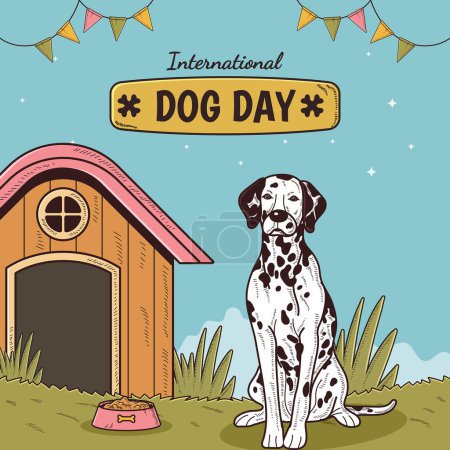 Illustration for Happy International Dog Day, 26th August. Greeting card vector design. Cute dalmatian dog in vintage cartoon style. Vector illustration. - Royalty Free Image