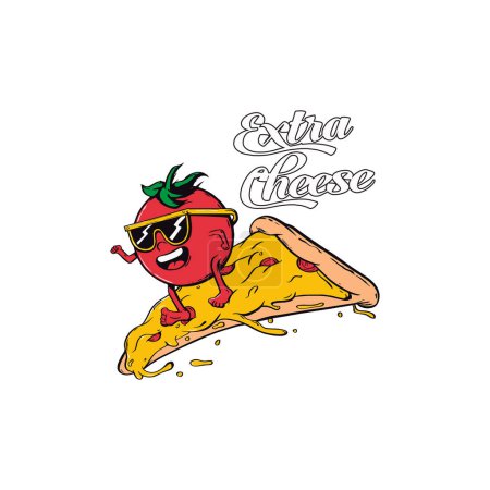 Illustration for Extra cheese typography with funny happy tomato on a pepperoni pizza slice. Vector illustration for tshirt, website, print, clip art, poster and print on demand merchandise. - Royalty Free Image