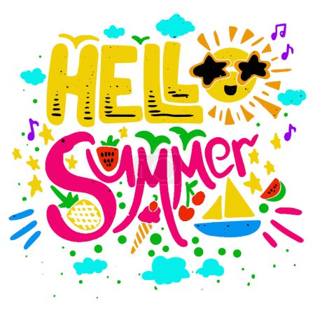 Illustration for Hello summer. Typography with colorful doodles. Vector illustration for tshirt, website, print, clip art, poster and print on demand merchandise. - Royalty Free Image