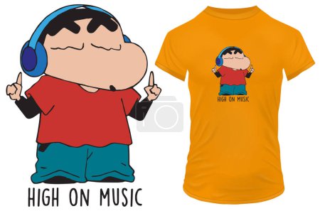 Illustration for Funny boy with headphones enjoying music with a quote High on music. Vector illustration for tshirt, website, print, clip art, poster and print on demand merchandise. - Royalty Free Image