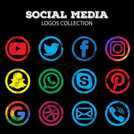RWP, Pakistan. 27 08 2021. Set von runden Symbolen populäre soziale Anwendungen in grungy Stil. Social-Media-Symbole modernes Design auf schwarzem Hintergrund für Ihr Design. Vektor Set EPS 10