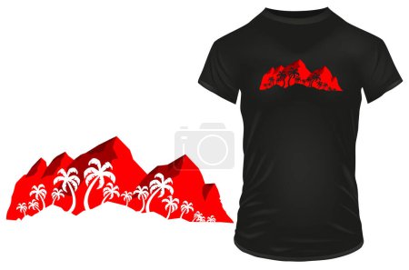 Illustration for Silhouette of red mountains with palm trees in front. Vector illustration for tshirt, website, print, clip art, poster and print on demand merchandise. - Royalty Free Image