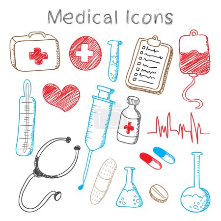 Illustration for Set of medicine and health contour line icons, sign and symbols in flat sketch design. Infographic, logos and pictograms elements for mobile concepts and web apps. Vector illustration. - Royalty Free Image