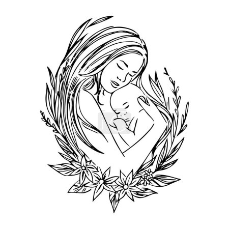 Ilustración de Feliz tarjeta del día de la madre. Dibujo de línea. La mujer sostiene a su bebé. Ilustración vectorial - Imagen libre de derechos