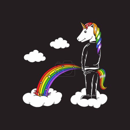 Illustration for Funny colorful unicorn pissing. Vector illustration for tshirt, website, print, clip art, poster and print on demand merchandise. - Royalty Free Image