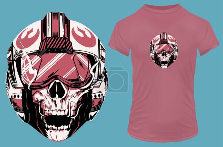 Illustration for A laughing skull in pink glasses and helmet. Funny vector illustration for tshirt, website, print, clip art, poster and print on demand merchandise. - Royalty Free Image