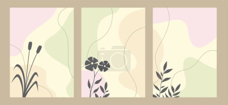 Illustration for Set of abstract flower and plant posters. Trendy botanical wall arts with floral design in danish pastel colors. Modern interior decorations, and paintings. Vector art illustration. - Royalty Free Image