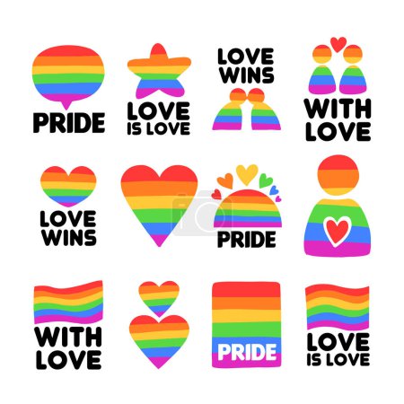 Illustration for Vector set of LGBTQ community symbols with retro rainbow flag colored elements, pride symbols, gender signs. Pride month slogan and phrases stickers. Gay parade groovy celebration. Illustration. - Royalty Free Image