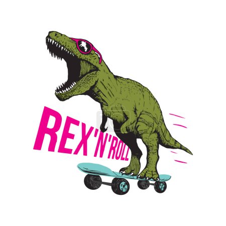 Téléchargez les illustrations : Rex n roll. Drôle de T-rex dinosaure lunettes d'esprit sur les échelles à rouleaux. Illustration vectorielle pour tshirt, site web, impression, clip art, affiche et impression sur demande marchandises. - en licence libre de droit