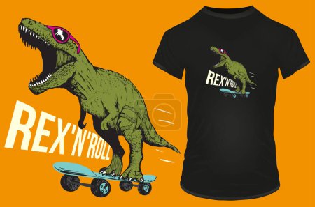 Illustration for Rex n roll. Funny T-rex dinosaur wit glasses on roller scates. Vector illustration for tshirt, website, print, clip art, poster and print on demand merchandise. - Royalty Free Image