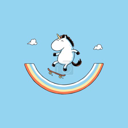 Illustration for Unicorn skateboarding on a rainbow. Vector illustration for tshirt, website, print, clip art, poster and print on demand merchandise. - Royalty Free Image