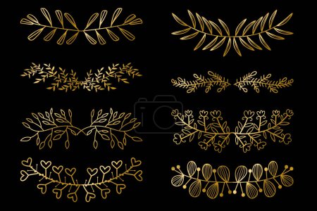 Illustration for Collection of Premium Golden Vintage Decorative Floral Ornament Elements. Set of Luxury Gold Page Dividers with leafs and flowers. Vector illustration. - Royalty Free Image