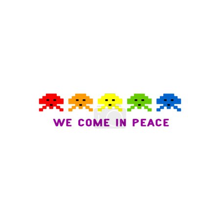 Illustration for We come in peace. Colorful LGBTQ flag. Cute colorful pixelated aliens with a quote. Vector illustration for tshirt, website, print, clip art, poster and print on demand merchandise. - Royalty Free Image