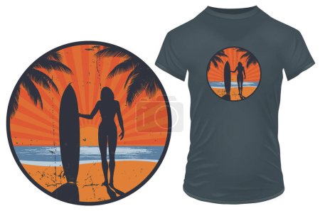 Téléchargez les illustrations : Modèle de conception d'impression de t-shirt avec plage surf - en licence libre de droit