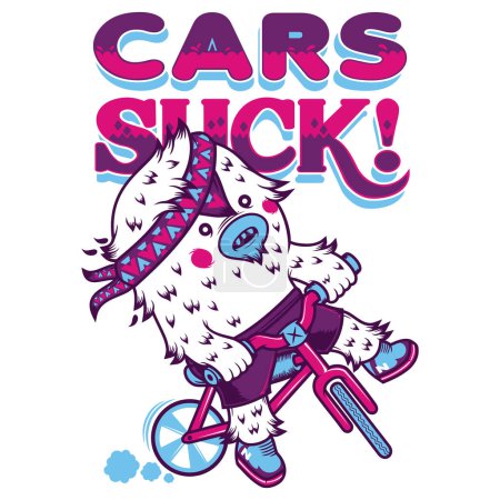 Illustration for Funny monster with a pink bike, cars sucks - Royalty Free Image