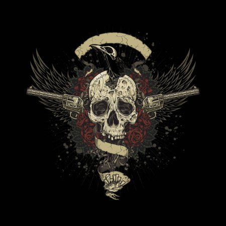 Illustration for Vintage skull with wings and guns. Logo, sign or symbol for biker club. Vector illustration for tshirt, website, print, clip art, poster and print on demand merchandise. - Royalty Free Image