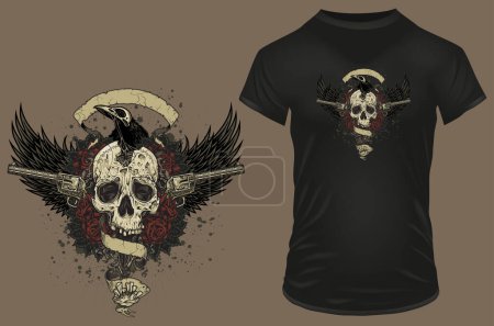 Illustration for Vintage skull with wings and guns. Logo, sign or symbol for biker club. Vector illustration for tshirt, website, print, clip art, poster and print on demand merchandise. - Royalty Free Image