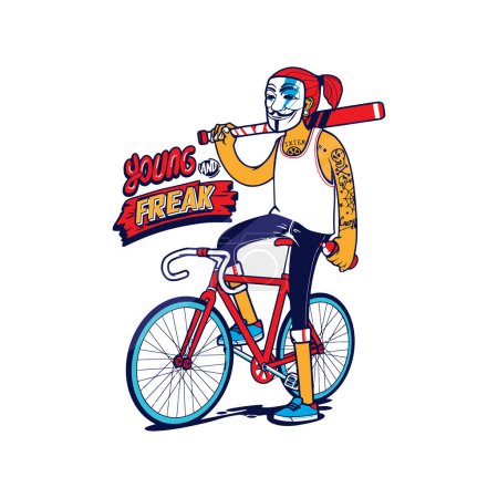 Illustration for Young and freak. Man with Guy Fawkes mask on a bicycle. Vector illustration for tshirt, website, print, clip art, poster and print on demand merchandise. - Royalty Free Image