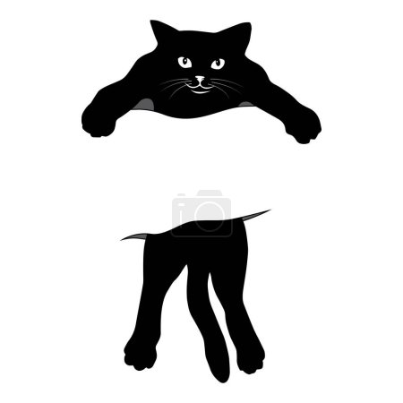 Ilustración de Divertido lindo gato negro enojado en tela rasgada con espacio de copia vacío. Ilustración vectorial para camiseta, sitio web, impresión, clip art, póster e impresión a la carta de mercancías. - Imagen libre de derechos