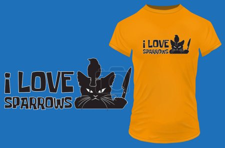 Illustration for Silhouette of a cute angry cat with knife and bird on head with funny quote I love sparrow. Vector illustration for tshirt, website, print, clip art, poster and print on demand merchandise. - Royalty Free Image
