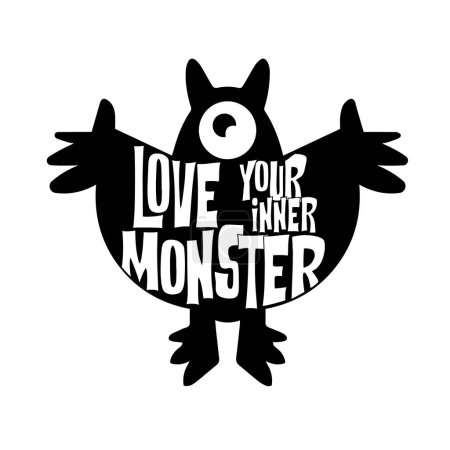 Illustration for Love your inner monster. Silhouette of funny beast with inspirational motivational quote. Vector illustration for tshirt, website, print, clip art, poster and print on demand merchandise. - Royalty Free Image