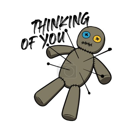 Illustration for Creepy voodoo doll with a funny quote thinking of you. Vector illustration for tshirt, website, print, clip art, poster and print on demand merchandise. - Royalty Free Image