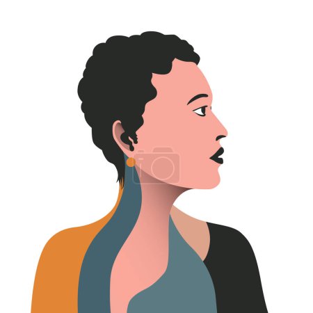 Ilustración de Hermoso arte abstracto pop de pelo corto de una cara de mujer asiática para marco de arte de pared. Banner o cartel multicultural de la sociedad caucásica. Portada del Día Internacional de la Mujer. Ilustración vectorial - Imagen libre de derechos