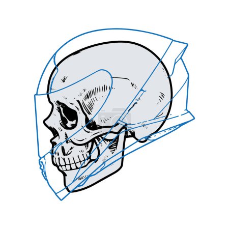 Ilustración de Silueta de un cráneo en un contorno de casco de motociclista. Ilustración vectorial para camiseta, sitio web, impresión, clip art, póster e impresión a la carta de mercancías. - Imagen libre de derechos