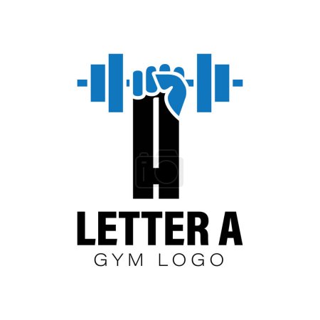Illustration for Letter A Gym logo design template with a fist and dumbbell. Alphabet A fitness center logo with hand lifting barbell. Isolated on white background. Vector illustration - Royalty Free Image