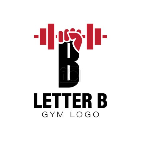 Illustration for Letter B Gym logo design template with a fist and dumbbell. Alphabet B fitness center logo with hand lifting barbell. Isolated on white background. Vector illustration - Royalty Free Image
