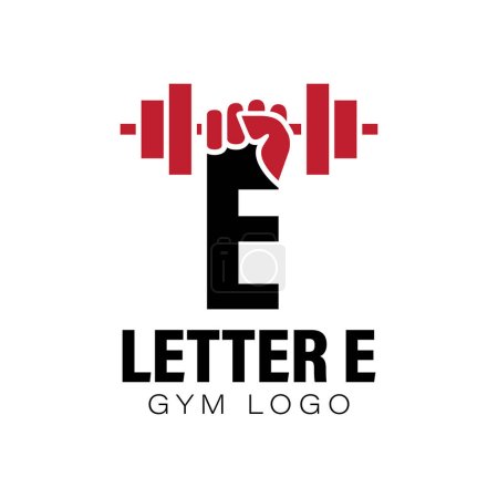 Illustration for Letter E Gym logo design template with a fist and dumbbell. Alphabet E fitness center logo with hand lifting barbell. Isolated on white background. Vector illustration - Royalty Free Image