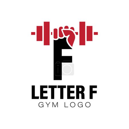 Illustration for Letter F Gym logo design template with a fist and dumbbell. Alphabet F fitness center logo with hand lifting barbell. Isolated on white background. Vector illustration - Royalty Free Image
