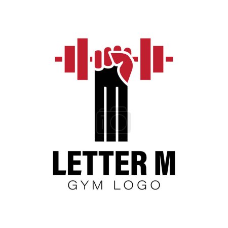 Illustration for Letter M Gym logo design template with a fist and dumbbell. Alphabet M fitness center logo with hand lifting barbell. Isolated on white background. Vector illustration - Royalty Free Image
