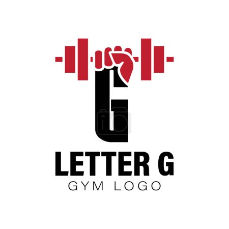 Illustration for Letter G Gym logo design template with a fist and dumbbell. Alphabet G fitness center logo with hand lifting barbell. Isolated on white background. Vector illustration - Royalty Free Image