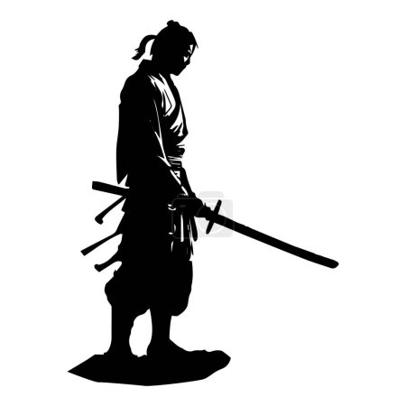 Ilustración de Silueta de un samurai con espada katana. Ilustración vectorial para camisetas, sudaderas con capucha, sitio web, impresión, aplicación, logotipo, clip art, póster e impresión de mercancías bajo demanda. - Imagen libre de derechos