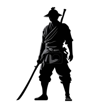 Ilustración de Silueta de un samurai con espada katana. Ilustración vectorial para camisetas, sudaderas con capucha, sitio web, impresión, aplicación, logotipo, clip art, póster e impresión de mercancías bajo demanda. - Imagen libre de derechos