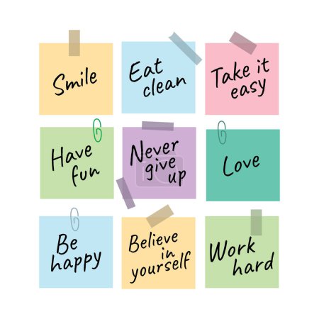 Smile, eat clean, take it easy, have fun, never give up, love, be happy, believe in yourself, work hard. Inspirational motivational quote on sticky note. Flat vector illustration silhouette.