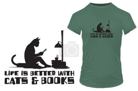 Téléchargez les illustrations : La vie est meilleure avec des chats et des livres illustration vectorielle de texte, idée de conception de t-shirt - en licence libre de droit