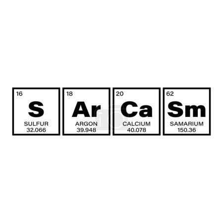 Illustration for Sarcasm, in the periodic table style. Funny quote lettering template design of t-shirt printing. Vector illustration for typography, corporate identity, t-shirt, website, print, clip art, poster, and custom print on demand merchandise. - Royalty Free Image