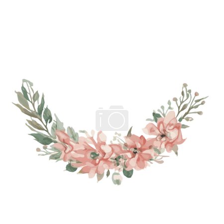 Illustration for Hand drawn beautiful watercolor wreath. Premium elegant pink and green leaves and flowers floral frame isolated on white background. For invitation, wedding or greeting cards. Vector illustration. - Royalty Free Image