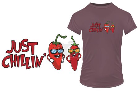 Illustration for Just Chillin'. Funny red chillies in cartoon style with a quote. Vector illustration for t-shirt, website, print, clip art, poster and print on demand merchandise. - Royalty Free Image