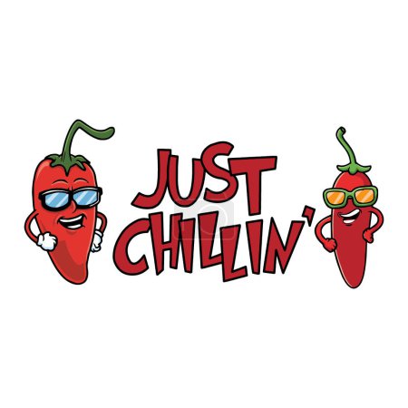 Illustration for Just Chillin'. Funny red chillies in cartoon style with a quote. Vector illustration for t-shirt, website, print, clip art, poster and print on demand merchandise. - Royalty Free Image