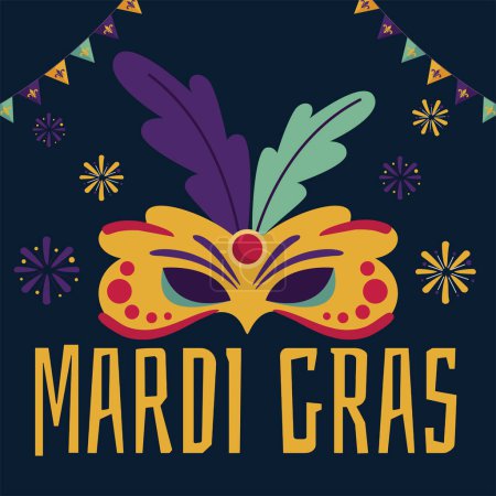 Illustration for Mardi Gras carnival background in flat style. Pancake day, Fat Tuesday festival, Shrove Tuesday carnival. Mardigras vector illustration design for greeting card, banner, gift packaging, poster. - Royalty Free Image