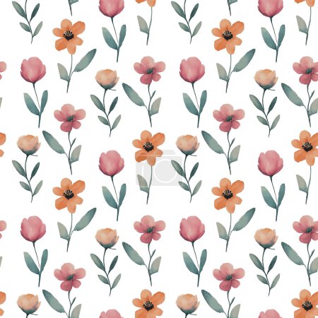 Illustration for Seamless watercolor floral pattern - colorful flowers elements, green leaves branches on white background; for wrappers, wallpapers, postcards, greeting cards, wedding invites, romantic events - Royalty Free Image